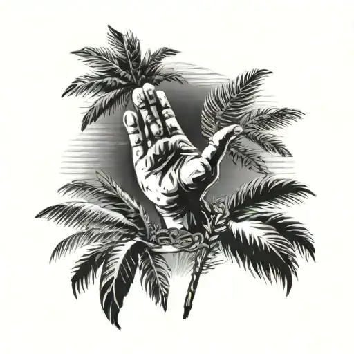 A black and grey tattoo of a godly hand reaching out from a palm tree, representing divine guidance and protection tattoo design idea