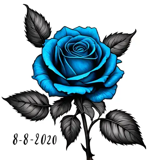 Blue rose with my wife named on it trisha and our anniversary which is 8-28-2020 in roman numerals in my forearm tattoo design idea