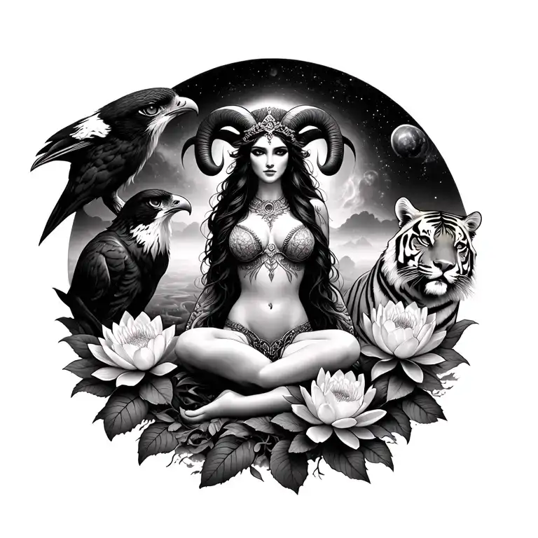 sexy aries goddess surrounded by lotus and peony flowers growing with a hawk and tiger in a galaxy landscape with mars tattoo design idea