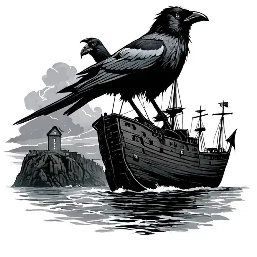 CORNISH THEME WITH A TIN MINE AT THE TOP OF A CLIFF, AT THE BOTTOM IS A STORMY SHIPWRECK WITH LARGE ANCHOR. CROW IN THE  tattoo design idea