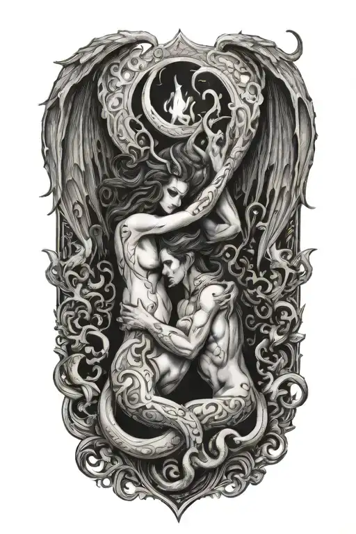 Succubus and incubus making love. Flames. tattoo design idea