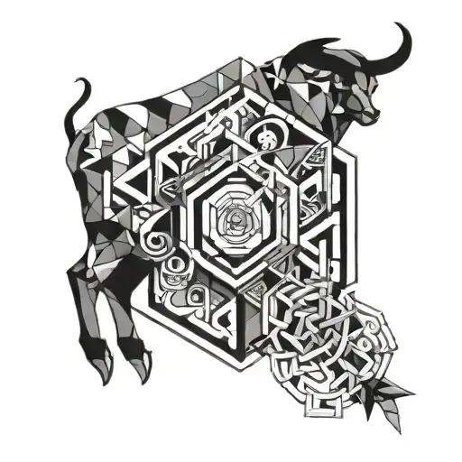 Abstract geometric design incorporating Taurus, Libra, Virgo, and Capricorn symbols tattoo design idea