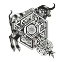 Abstract geometric design incorporating Taurus, Libra, Virgo, and Capricorn symbols tattoo design idea