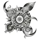 Abstract geometric design incorporating Taurus, Libra, Virgo, and Capricorn symbols tattoo design idea