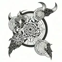 Abstract geometric design incorporating Taurus, Libra, Virgo, and Capricorn symbols tattoo design idea