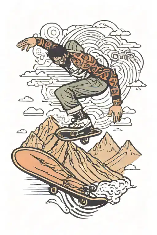 A skateboarder doing a kickflip over a mountain range, with a folk-inspired design in the background tattoo design idea