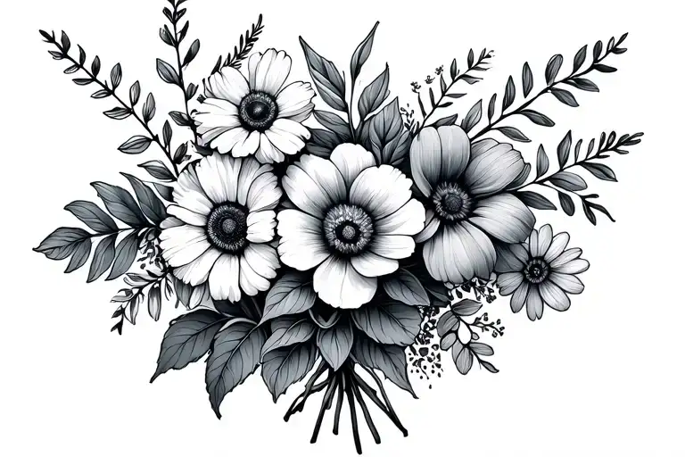 fine line birth flower bouquet with January, November, May, July and September flowers  tattoo design idea