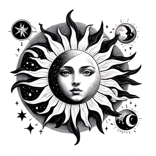 Imagine a design incorporating the sun, the moon, the astrological signs of the Gemini and the Virgin, as well as Fle tattoo design idea