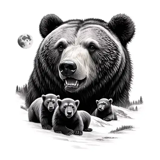 Bear face with 3 cubs by mountains and moon realism tattoo design idea