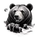 Bear face with 3 cubs by mountains and moon realism tattoo design idea