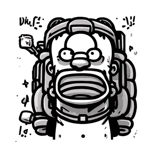 Line art outline of Homer Simpson with a hiking pack. drinking duff beer Simple clean outline. tattoo design idea