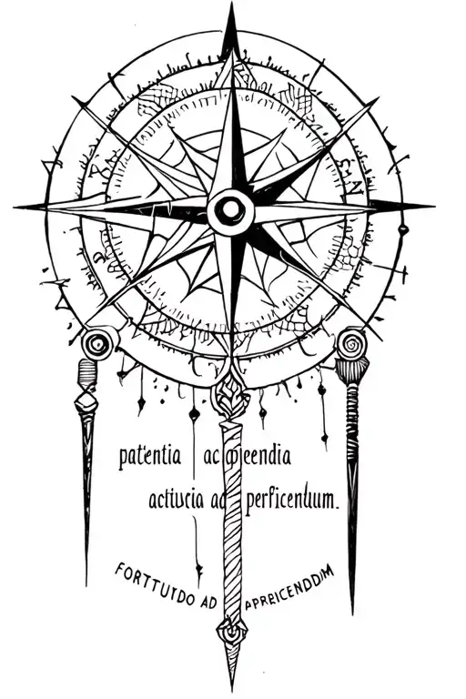 web of wyrd with vegvisir viking compass with the phrase patientia ad accipiendum, fortitudo ad perficiendum tattoo design idea