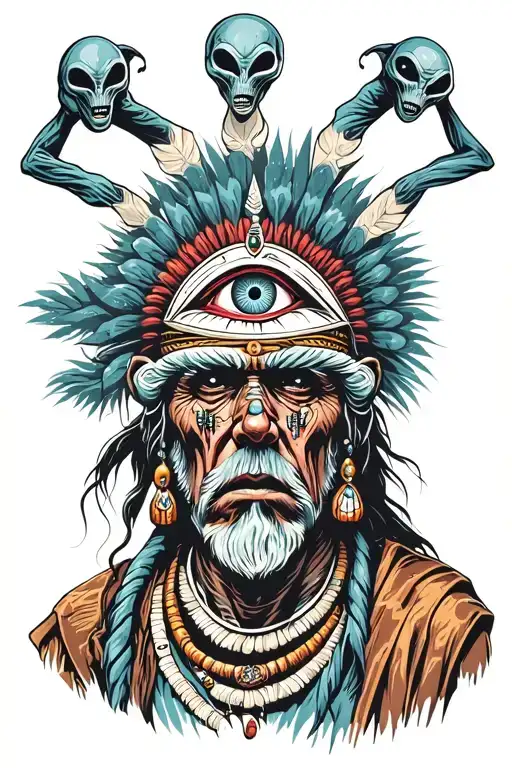 Shaman side face with piercings and with third eye surrounded by alien beings around his head tattoo design idea