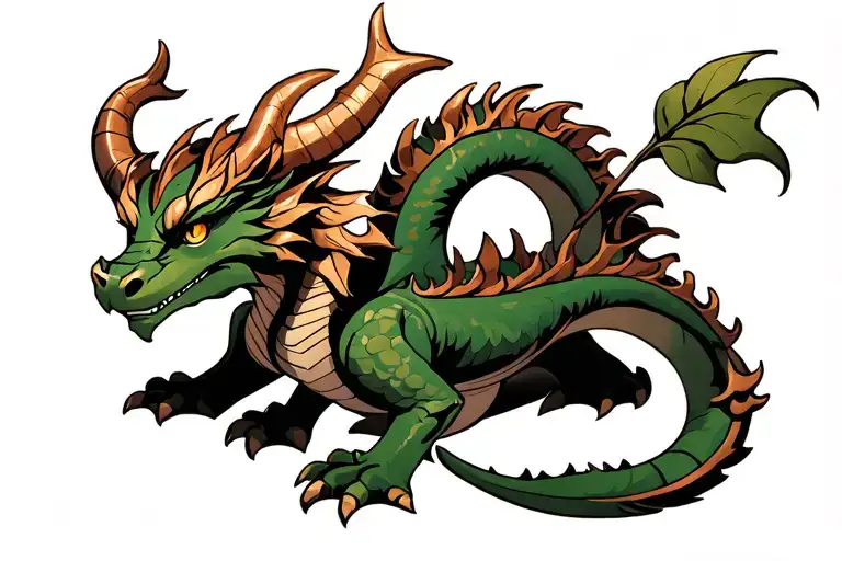 small, twisting dragon in copper and green with three tails, four horns, three ears, double-pupil eyes, and leaf-like wi tattoo design idea