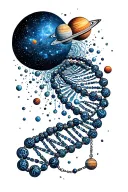A celestial rosary, each bead a spiraling DNA strand, unfurls into an expansive cosmic tapestry of planets tattoo design idea