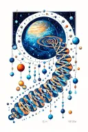 A celestial rosary, each bead a spiraling DNA strand, unfurls into an expansive cosmic tapestry of planets tattoo design idea
