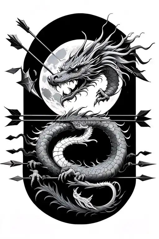 japanese dragon around a moon, targeted by seven arrows tattoo design idea