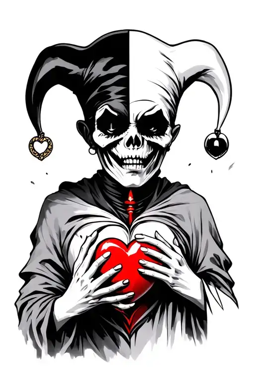 a half jester/ grim reaper holding a broken heart while crying tattoo design idea