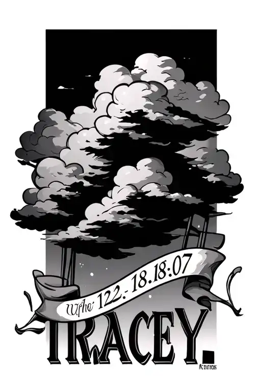 Clouds in the background with beams with the name Tracey with a banner with the date 12,18,07 in Roman numerals tattoo design idea