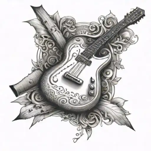 An intricate dotwork tattoo of a guitar and baseball bat crossed together, symbolizing the client's love for music and baseball tattoo design idea