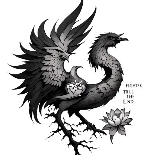 a Phoenix with a broken tree branch and broken heart  and a semicolon  and a lotus flower that says fighter till the end tattoo design idea