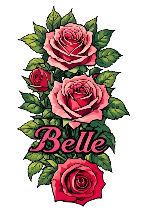 roses with the name Belle in it tattoo design idea