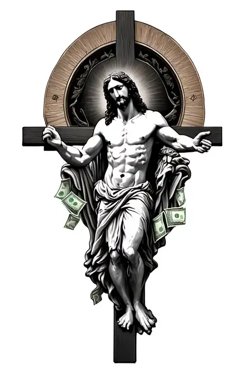 Jesus on cross holding money tattoo design idea