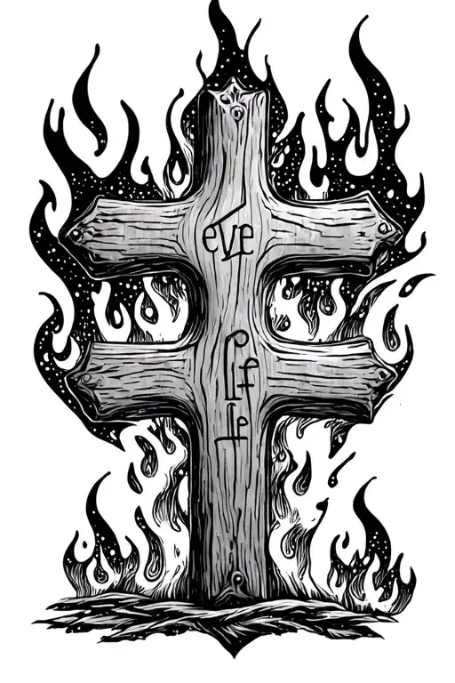 "Even If" wooden cross surrounded by fire tattoo design idea