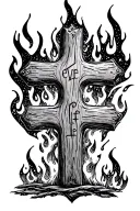 "Even If" wooden cross surrounded by fire tattoo design idea