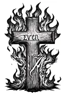 "Even If" wooden cross surrounded by fire tattoo design idea
