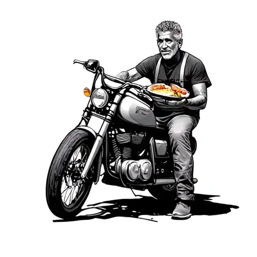 Anthony bourdain holding food while on motor bike tattoo design idea
