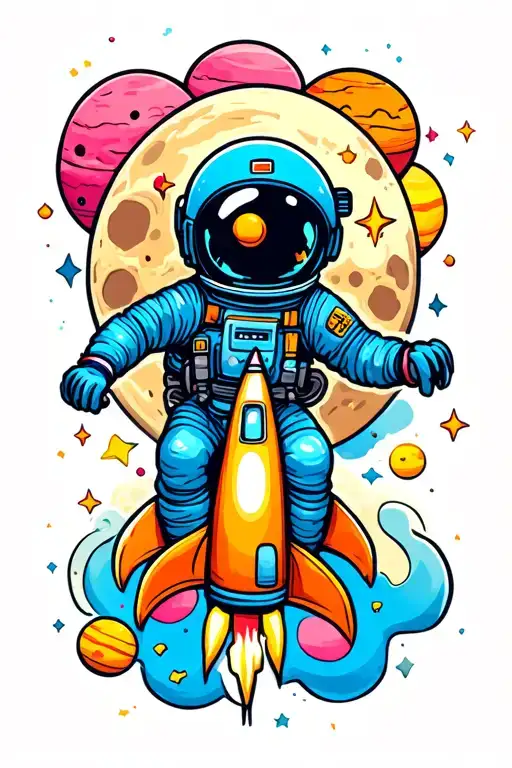 Cartoon earth worm in blue astronaut helmet riding a rocket past the moon, with stars and colorful planets. tattoo design idea