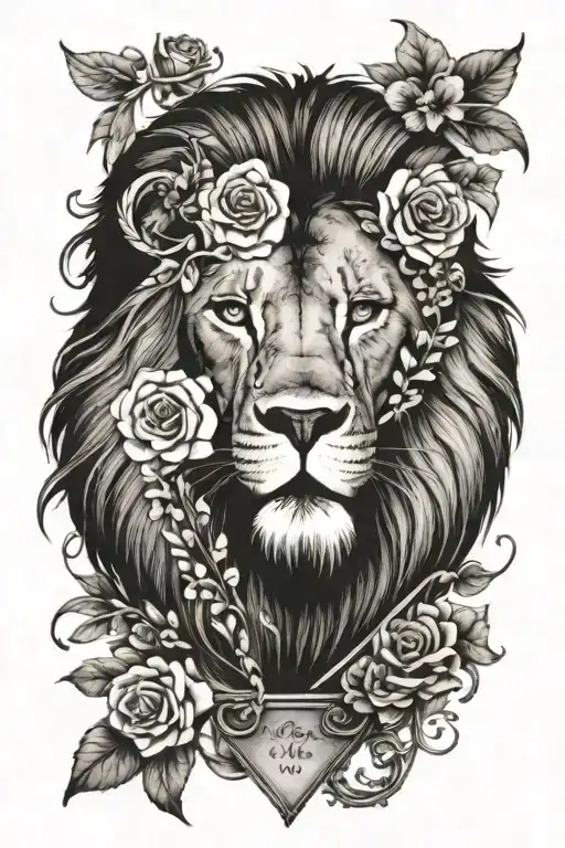 a lion at the bottom, flowers at the top, an hourglass somewhere, and the quote "take the risk or lose the chance" tattoo design idea