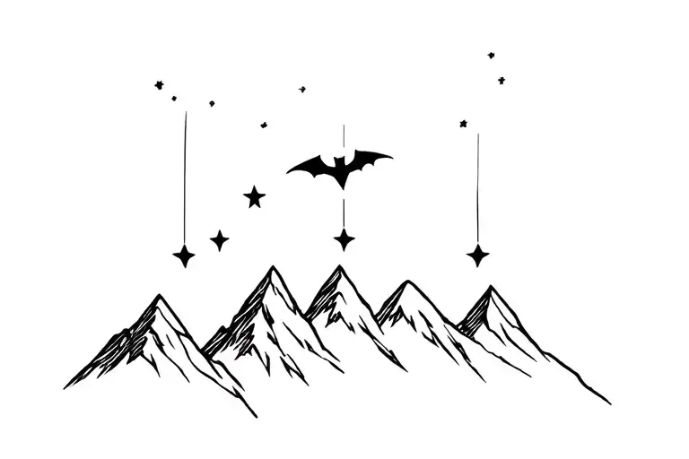 3 mountains with 3 stars above and bat hanging upside tattoo design idea