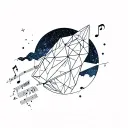 A minimalist tattoo of a geometric spaceship flying through a galaxy filled with music notes tattoo design idea