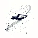 A minimalist tattoo of a geometric spaceship flying through a galaxy filled with music notes tattoo design idea