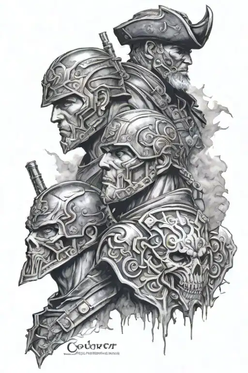 Full back design of the Marcus Fenix, Damon Baird, and Augustus Cole at Dom Santiago’s Gravestone tattoo design idea