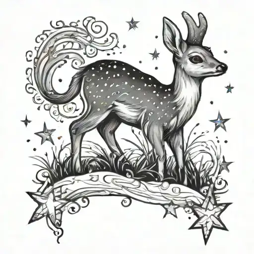 a baby deer standing looking up to the sky filled with stars tattoo design idea