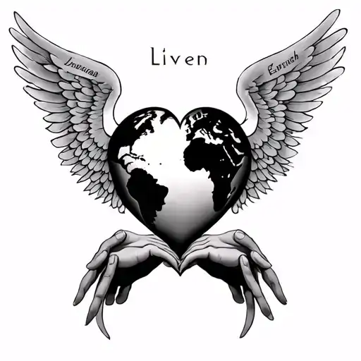 the world inside a heart angel wings Jesus praying hands holding names written Izec , Javen, Jeremiah , Eli, Kalaya, Ma tattoo design idea
