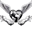 the world inside a heart angel wings Jesus praying hands holding names written Izec , Javen, Jeremiah , Eli, Kalaya, Ma tattoo design idea
