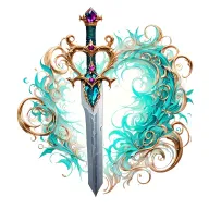 feminine sword gold handle alexandrite femine crown heart swirl design on blade with cracks. rose gold, teal, blue tattoo design idea