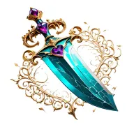 feminine sword gold handle alexandrite femine crown heart swirl design on blade with cracks. rose gold, teal, blue tattoo design idea
