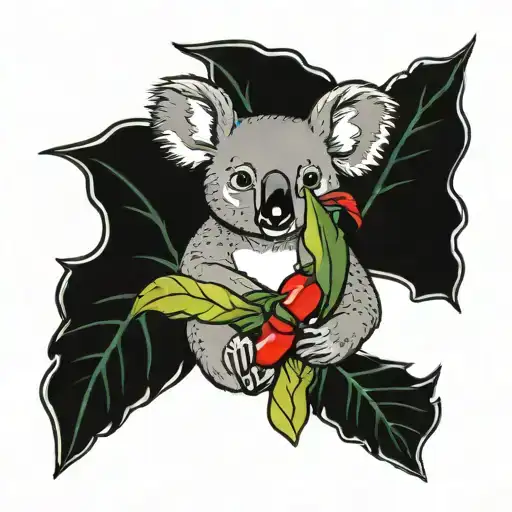 koala holding green and red chili pepper with flower earring tattoo design idea