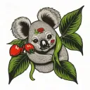 koala holding green and red chili pepper with flower earring tattoo design idea