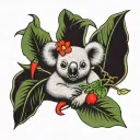 koala holding green and red chili pepper with flower earring tattoo design idea