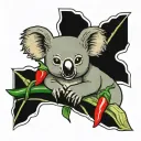 koala holding green and red chili pepper with flower earring tattoo design idea
