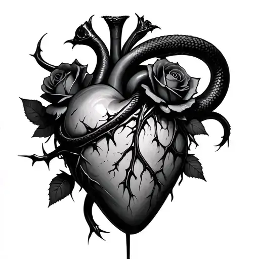 Realistic bleeding human heart ensnared by black roses with thorns and pierced by dagge. Add a black mamba coiled around tattoo design idea