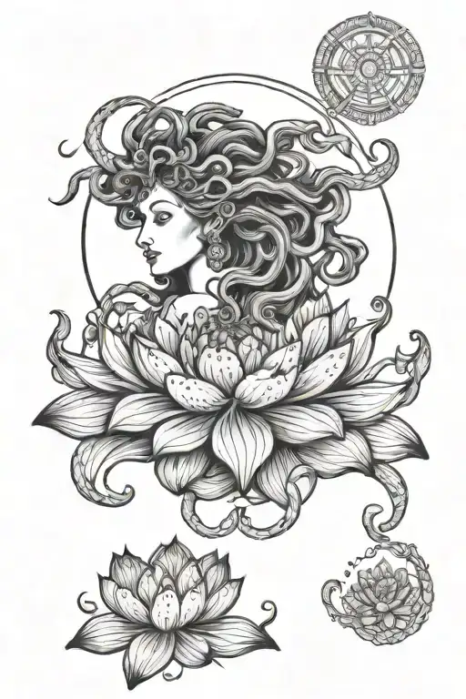medusa, lotus and moon tattoo design idea
