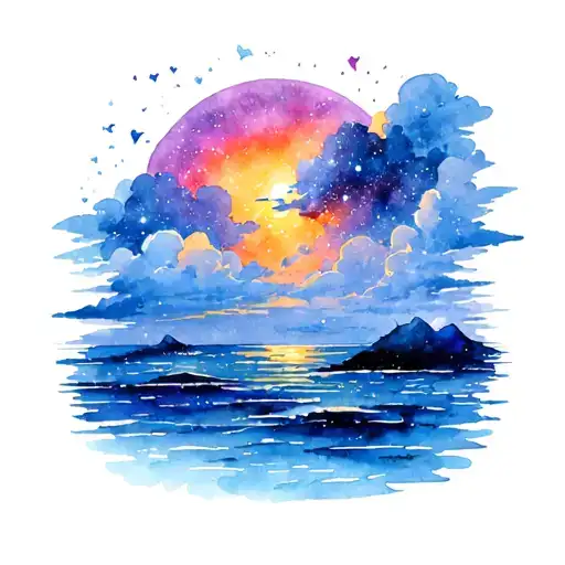 water color style of sunset to the galaxy, a water base, clouds blending light to dark, no conformed edges tattoo design idea
