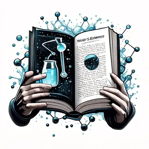 free diver holding an open science book with some molecules and laboratory material coming out from the book pages  tattoo design idea